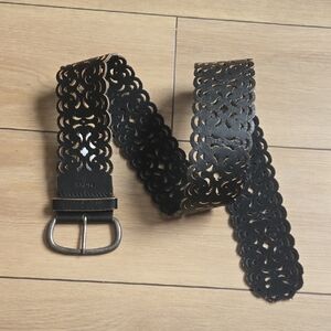 NWOT MEXX Black Leather Belt with laser-cut  floral pattern  Sz S